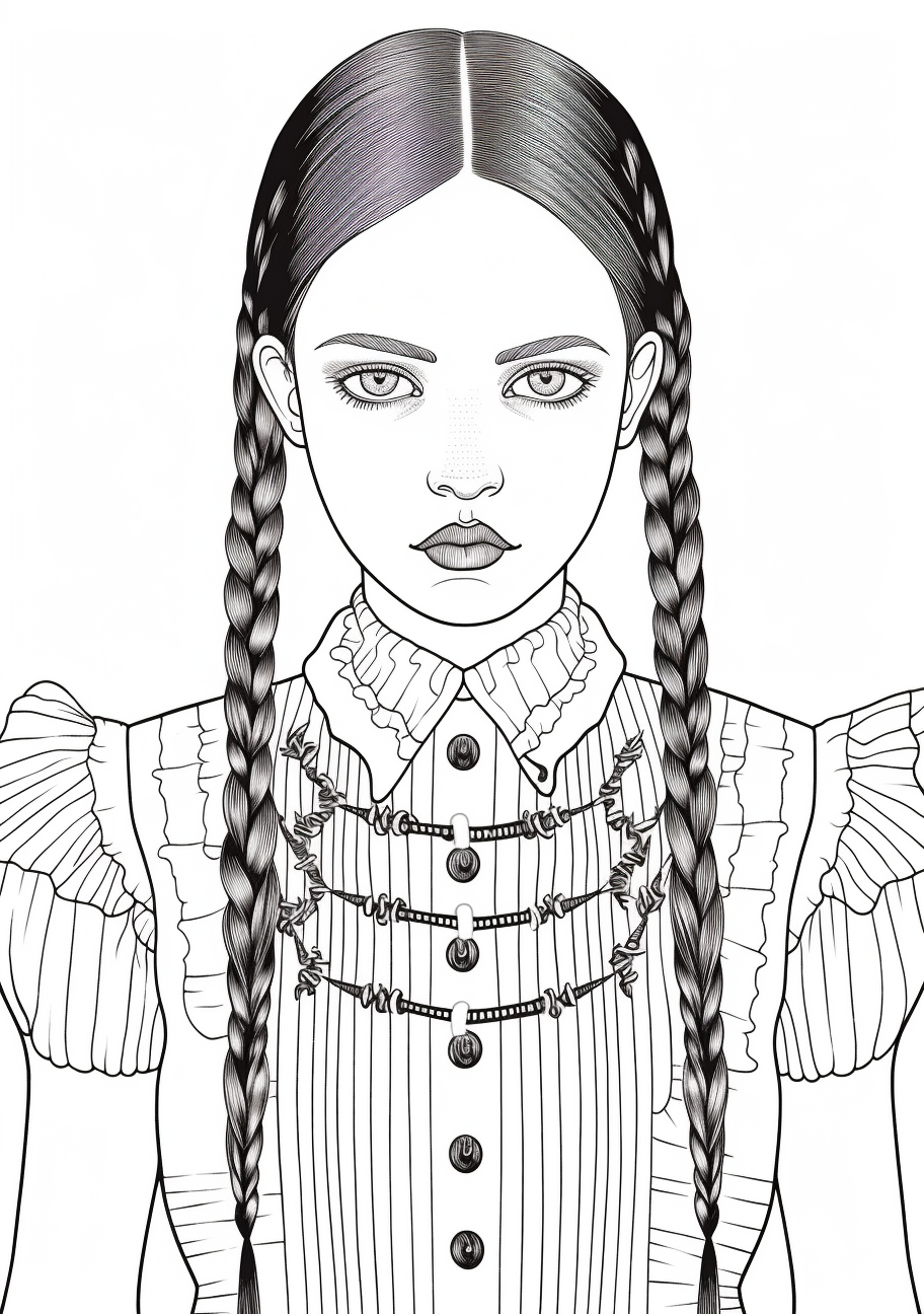 Wednesday Addams full body standing, depicted in fine lines and detail, visible laced boots. printable coloring page, black and white, free download