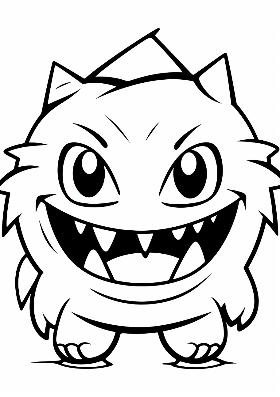 Gengar with a gentle smile; basic art style with less intricacy. printable coloring page, black and white, free download