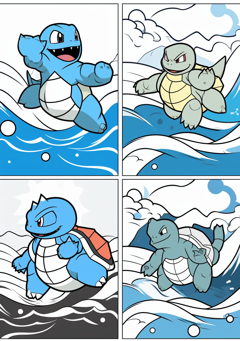 From the simple Squirtle to the heavily armored Blastoise, showcasing the transformation; bold outlines. printable coloring page, black and white, free download