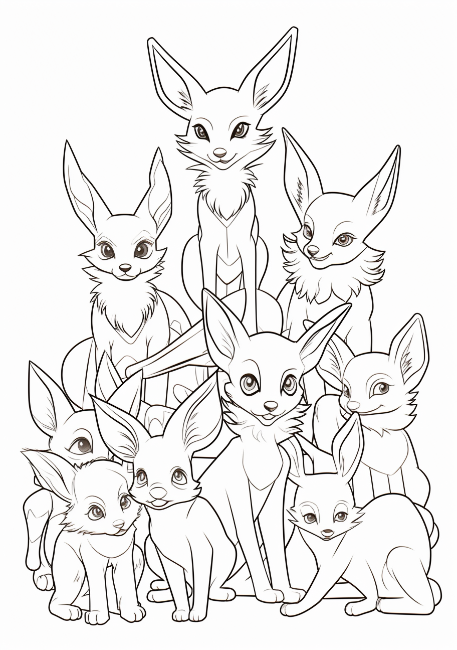 Active representation of Eevee’s evolutions in fun poses; clean, bold lines. printable coloring page, black and white, free download