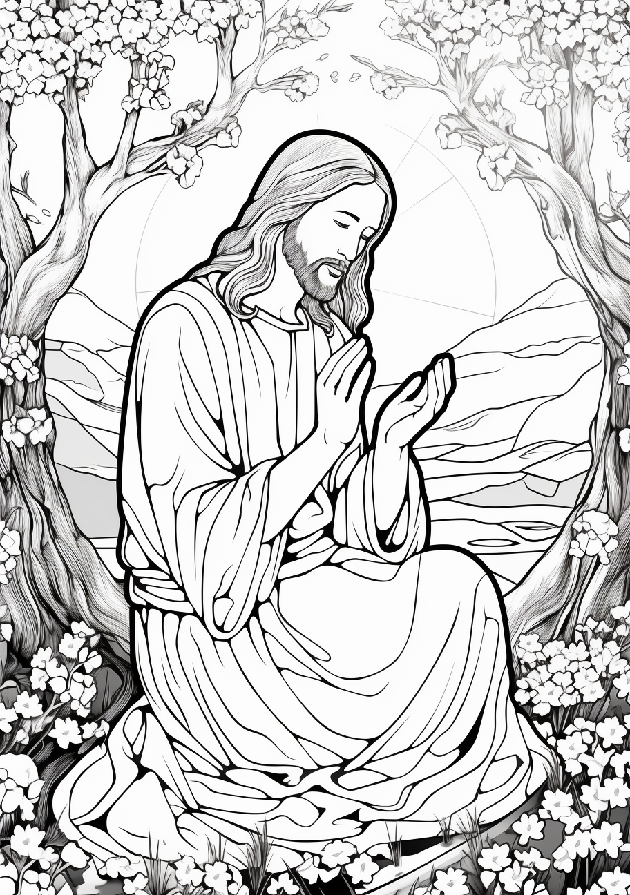 Depicts Jesus praying in the Garden of Gethsemane, allows the coloring enthusiast to recreate the calm and peaceful ambiance, complexity suitable for intermediate level. inspirational biblical easter coloring pages pfp for discord.