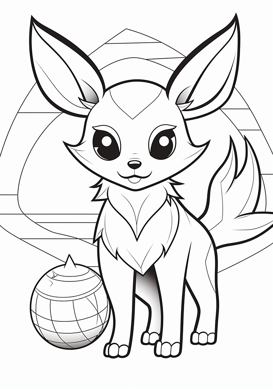 Eevee and Poké Ball design; bold shapes and clear lines. printable coloring page, black and white, free download