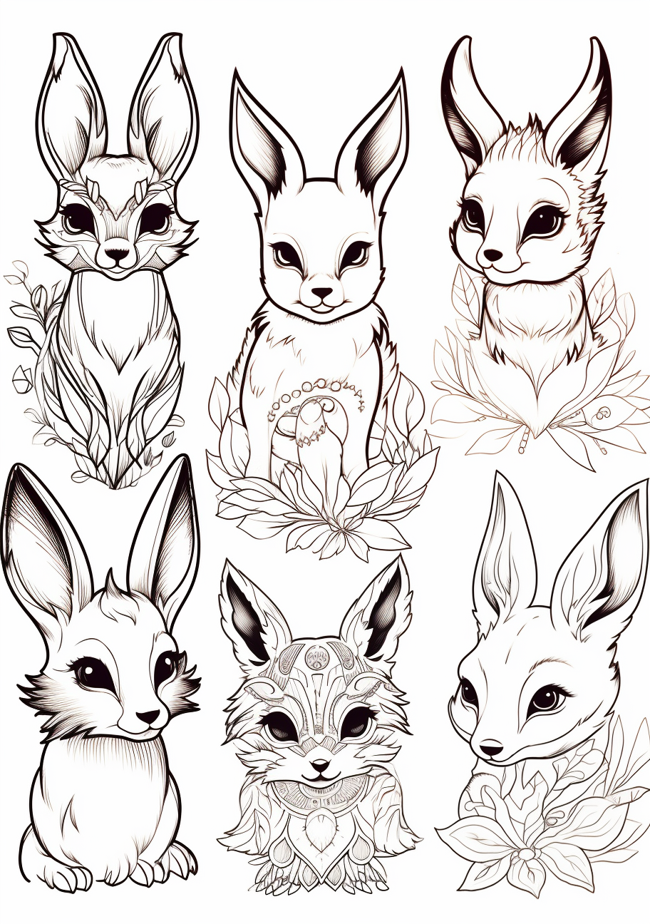 Artistic portrayal of Eevee evolutions; focus on intricate details and design elements. printable coloring page, black and white, free download
