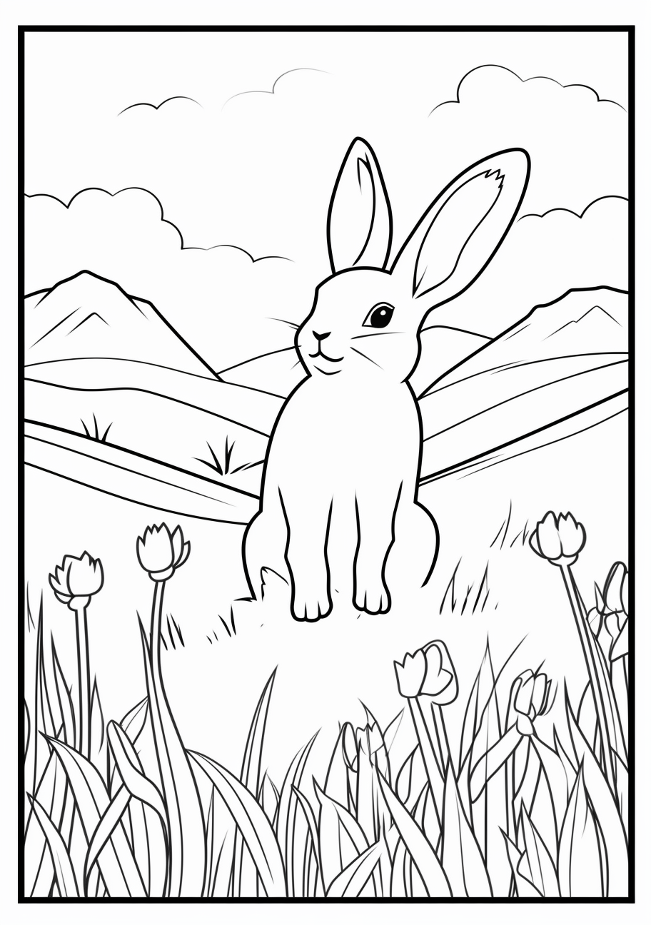 Easy coloring page showing bunny in a Spring landscape; simple lines.printable coloring page, black and white, free download