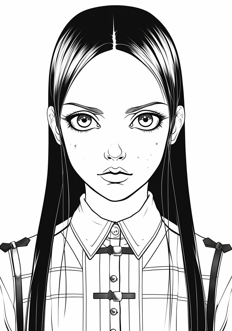 Simplified chibi version of Wednesday Addams, still retains her distinct features. printable coloring page, black and white, free download