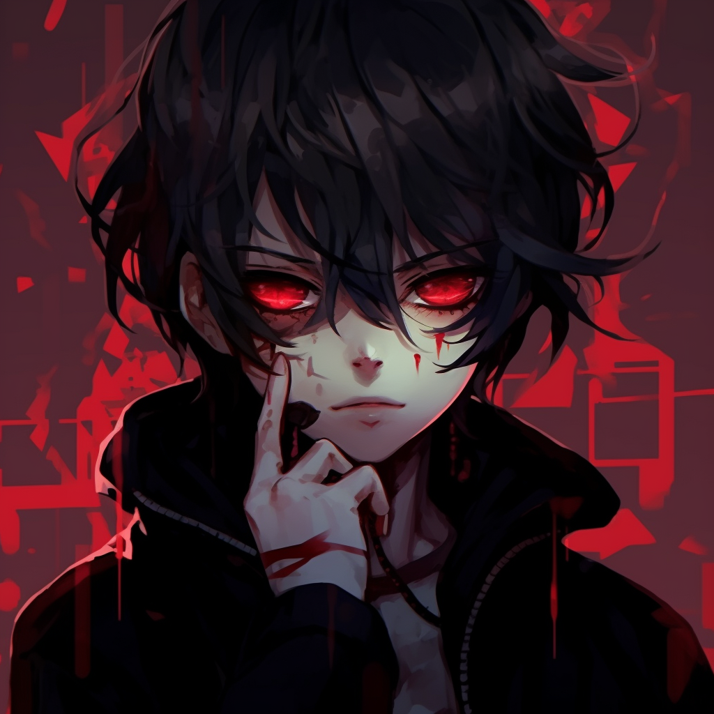 An emo anime boy with vivid red eyes, heavy shadowing and strong contrasts. emo pfp anime boys display