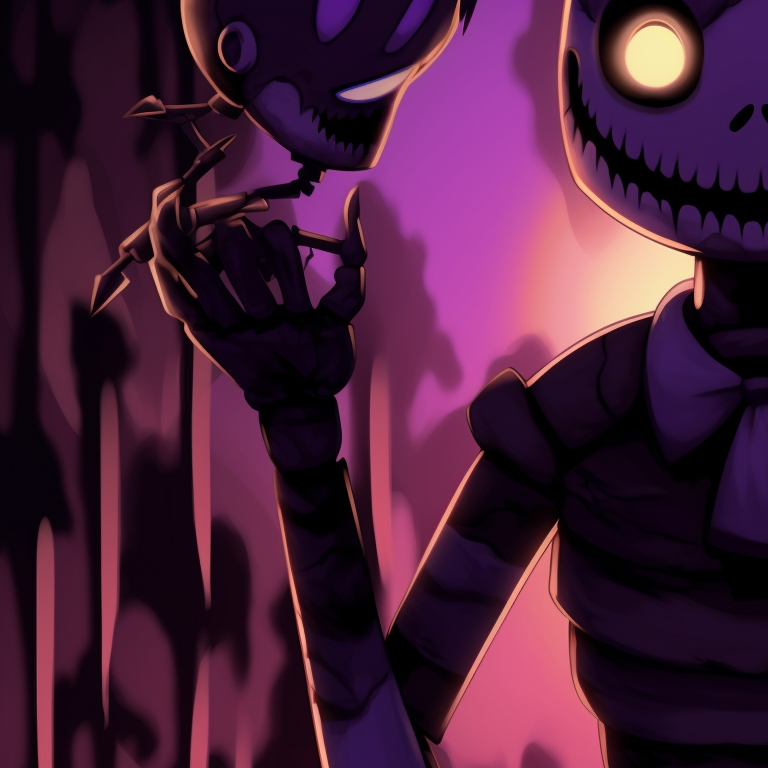 Two Fnaf characters depicted during dusk, dark and cool colors, their eyes glowing menacingly. halloween theme fnaf matching pfp variations pfp for discord.
