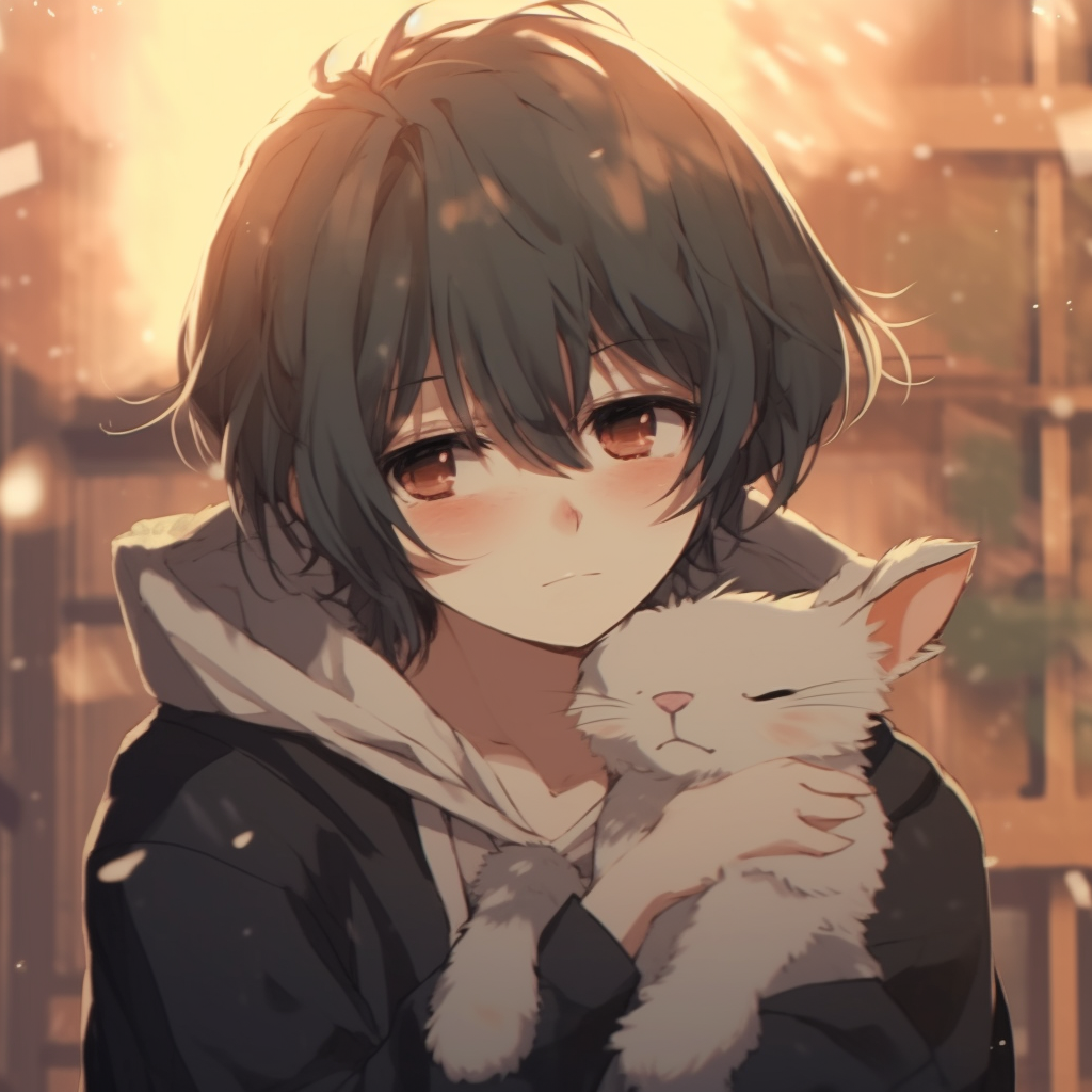 Anime boy with his pet, detailed rendering of character interaction. aesthetic anime pfp boy character ideas