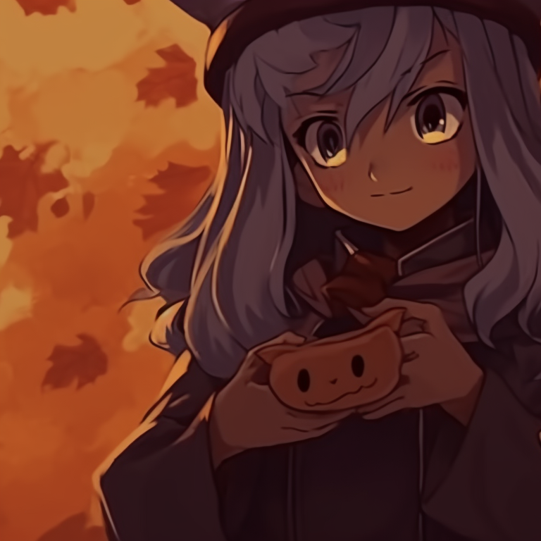 Two characters holding a Jack-o'-lantern, intricate detail in costumes and expressive faces, uses contrasting dark and bright tones for dramatic effect. anime inspired thanksgiving matching pfp halloween theme pfp for discord.