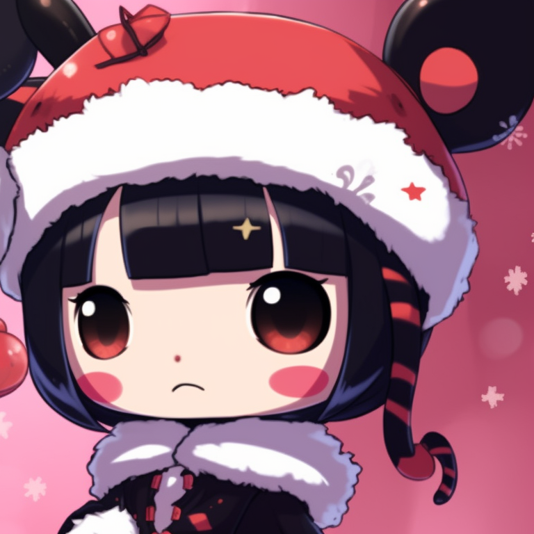 Two Kuromi characters in Christmas outfits, vibrant colors and festive details. matching kuromi christmas pfp ideas pfp for discord.