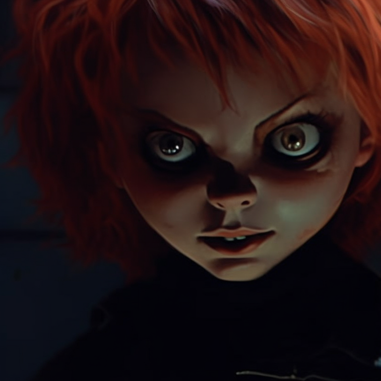 Chucky and Tiffany rendered in Anime style, gritty colors and shadow work to emphasize the horror theme. horror film inspired pfp: chucky and tiffany pfp for discord.