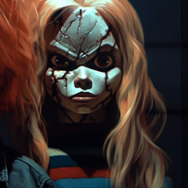 Chucky and Tiffany rendered in Anime style, gritty colors and shadow work to emphasize the horror theme. horror film inspired pfp: chucky and tiffany pfp for discord.