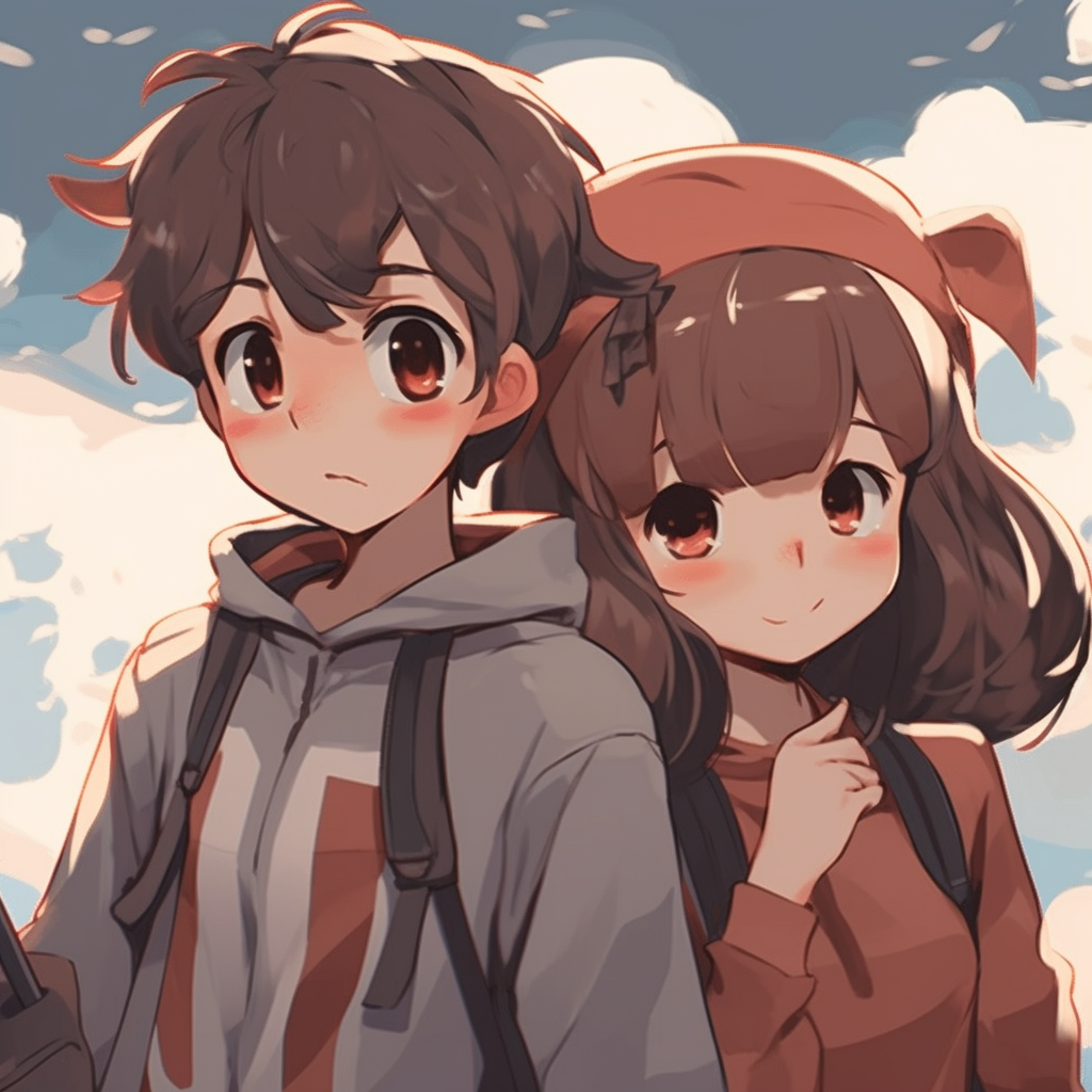 Matching profile pictures featuring a boy and girl anime characters in an adventure theme, bold lines and varied textures. friends anime matching pfp: boy and girl