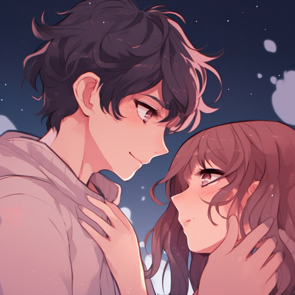 Accurate depiction of the night sky with characters in a loving embrace, muted colors and gentle shading. romantic matching pfp anime