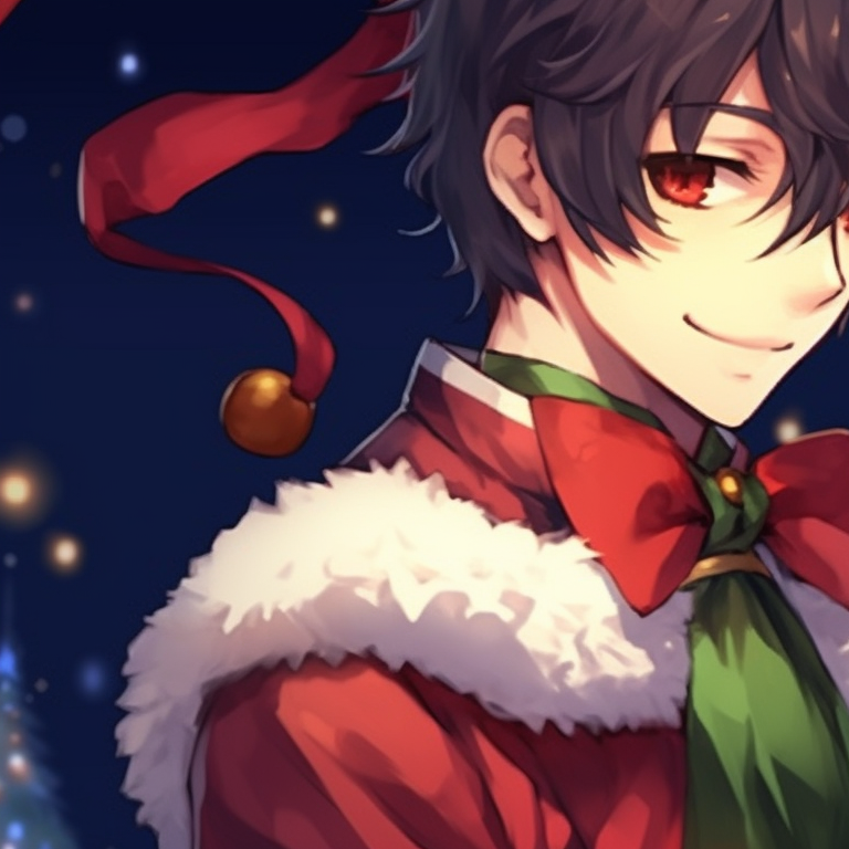 Two characters exchanging Christmas gifts, saturated colors and twinkling background, reflecting holiday cheer. vibrant matching christmas discord pfp pfp for discord.