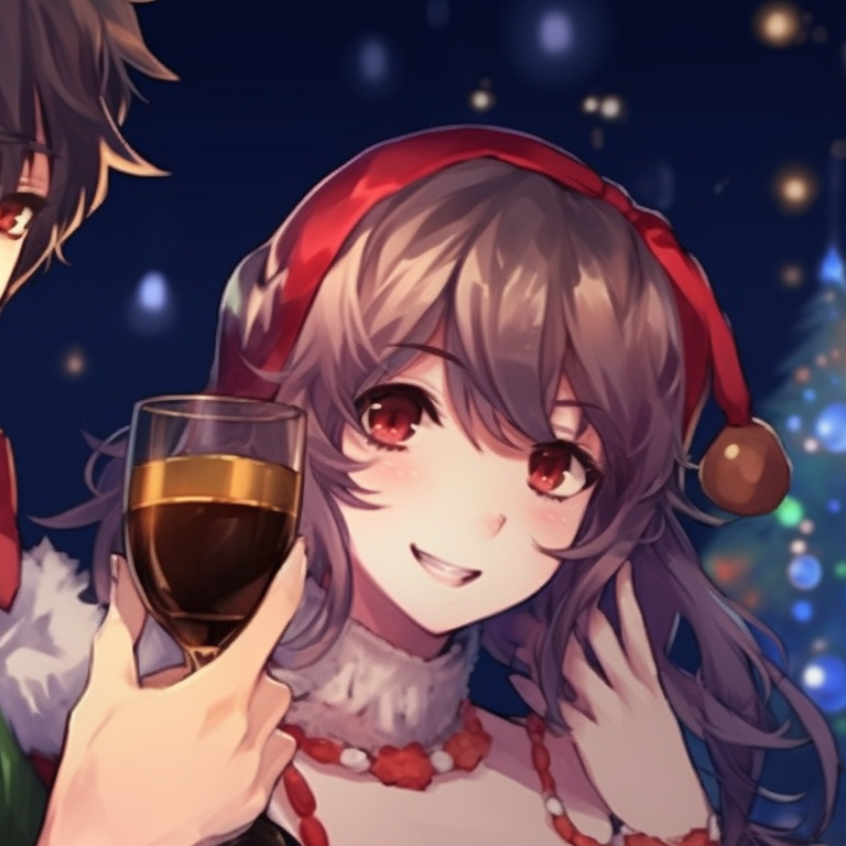 Two characters exchanging Christmas gifts, saturated colors and twinkling background, reflecting holiday cheer. vibrant matching christmas discord pfp pfp for discord.