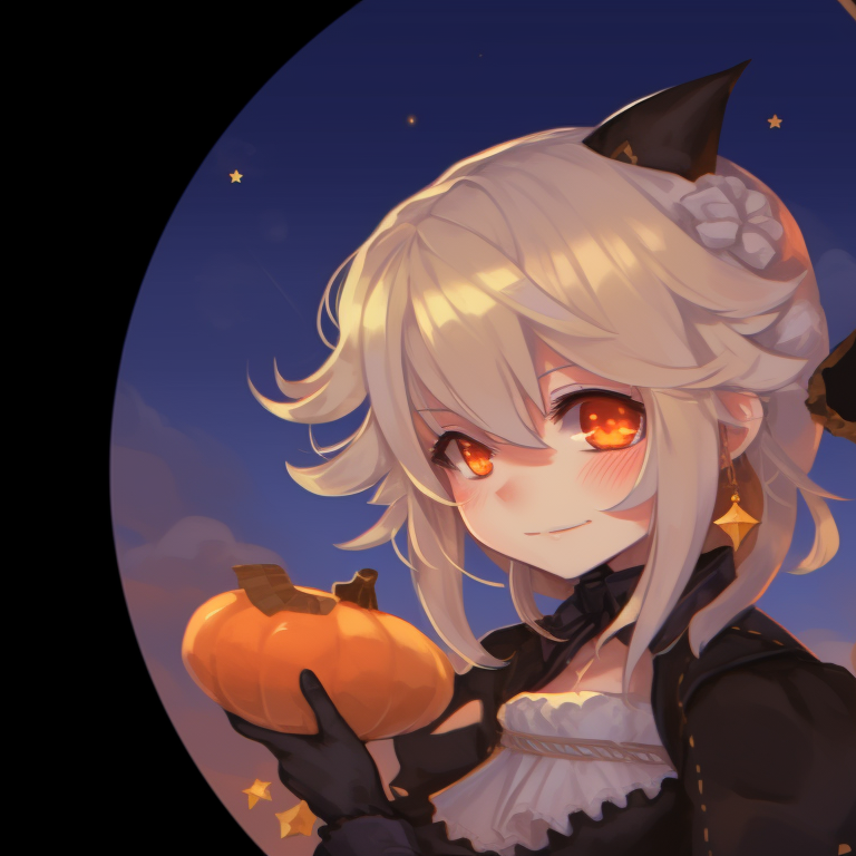 Two characters under a banner of twilight, watercolor effect, one character with a witch's broom, another with a bag of candies. genshin characters halloween matching profile pictures pfp for discord.