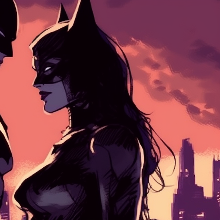 Batman and Catwoman back-to-back, detailed costumes and sparking eyes. batman and catwoman theme for pfp pfp for discord.