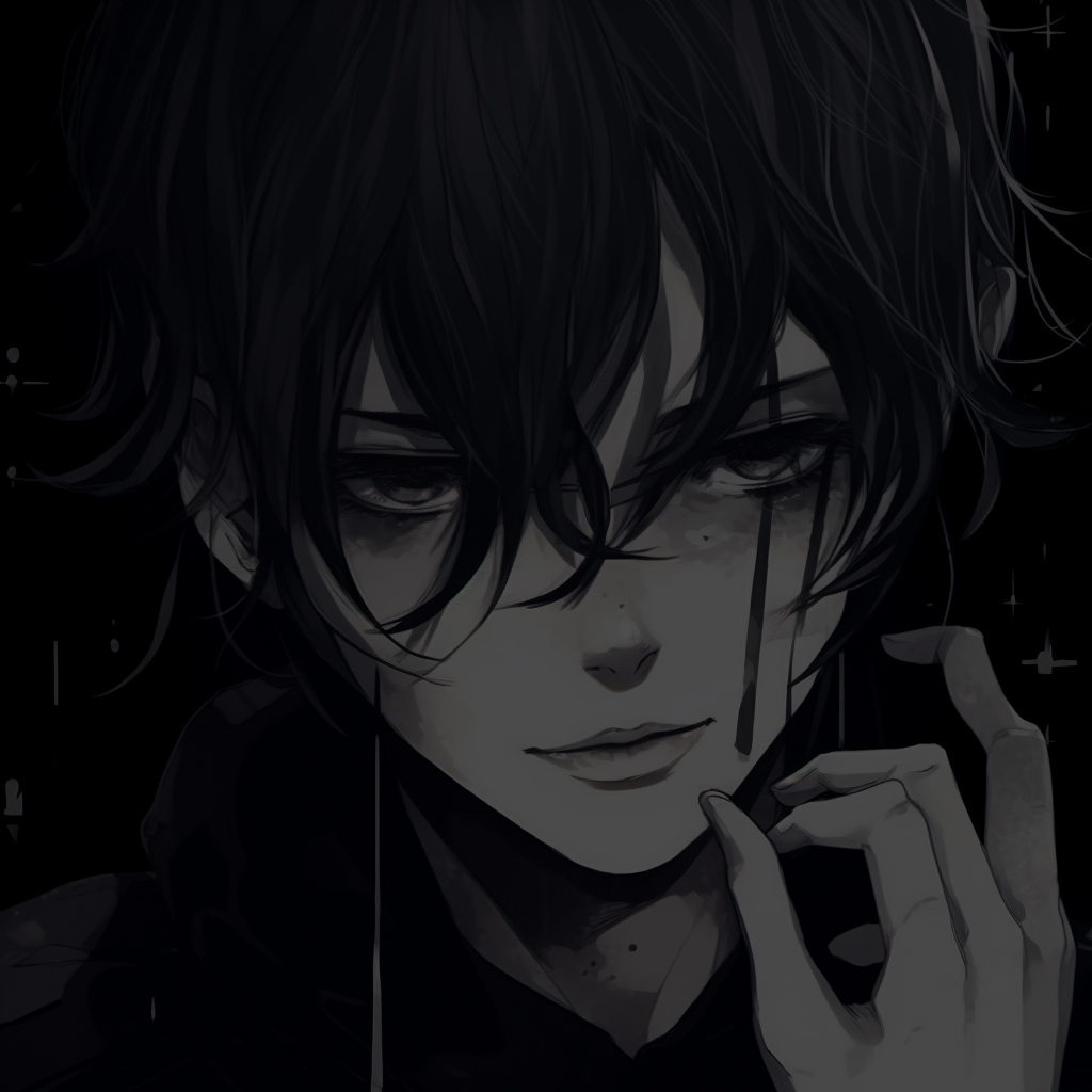 Close-up shot of intense gaze under dramatic lighting, emphasis on the contrast and facial details. anime pfp dark aesthetic for males pfp for discord.