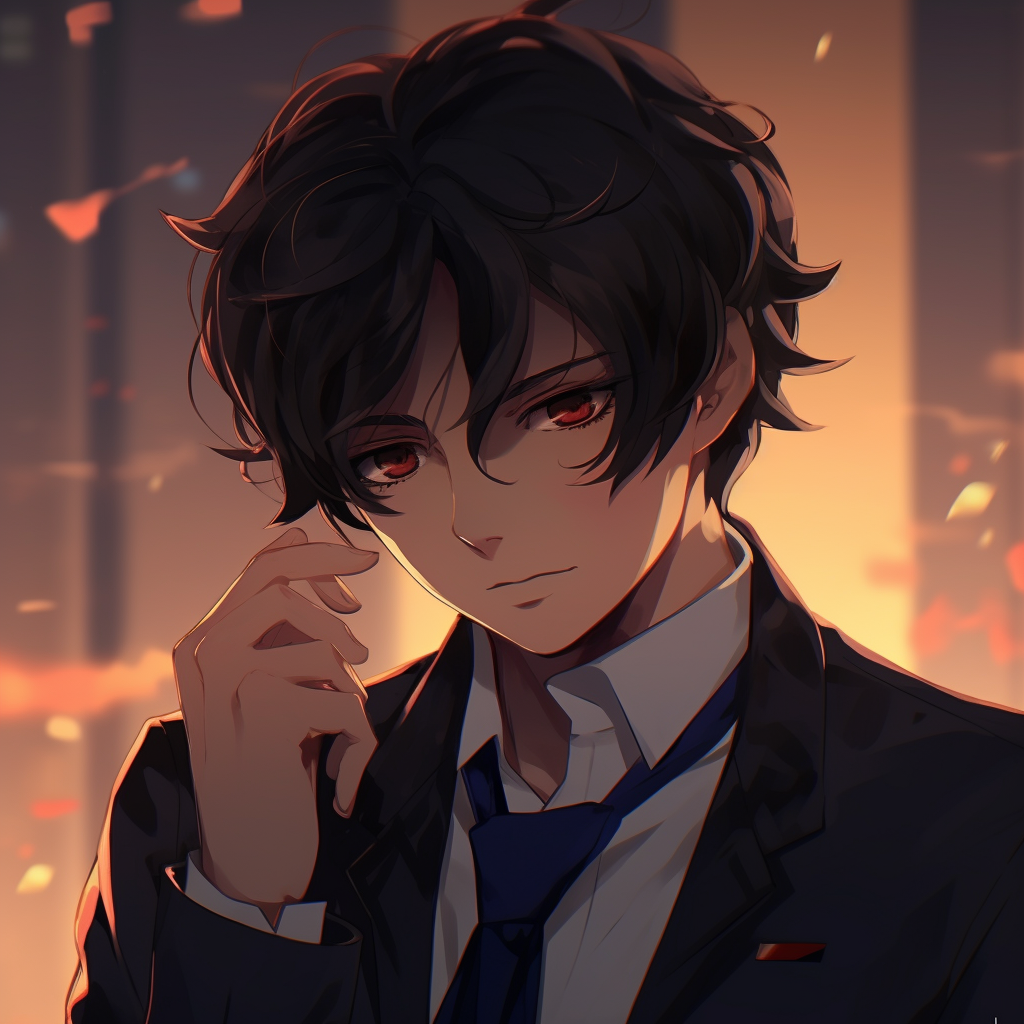 A sophisticated male character in formal attire with romantic undertones, detailed expressions and soft colors. romantic male anime pfp