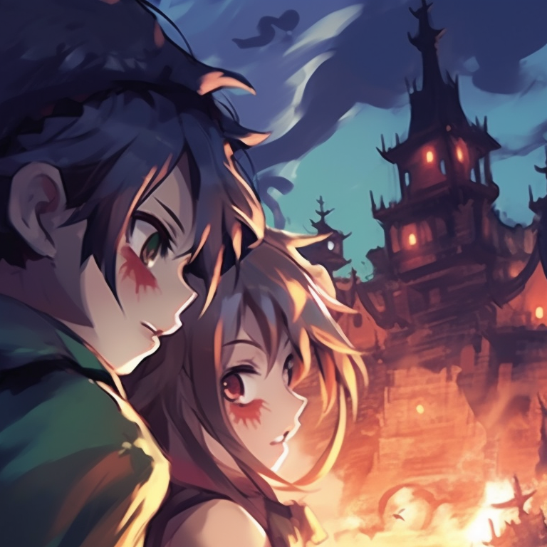 Howl and Sophie surrounded by Halloween magic spells, vibrant colors and dynamic compositions. howl's moving castle halloween matching pfp ideas pfp for discord.