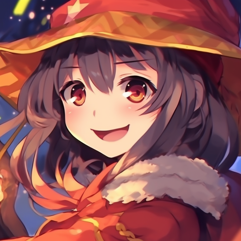 Megumin and another character against a cozy winter backdrop, marked by softer colors and inviting glow from a nearby fire. matching megumin christmas pfp choices pfp for discord.