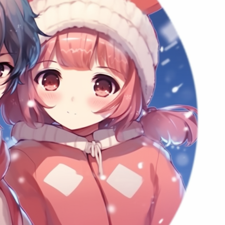 Close-up image of two characters, bright smiles contrasting with the falling snow, warm tones. lovable matching christmas anime pfp boy and girl pfp for discord.