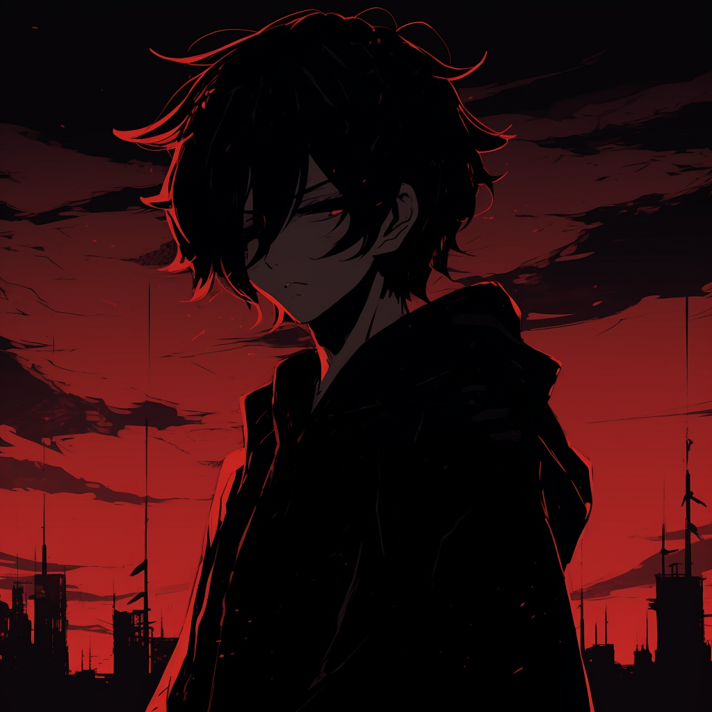 Anime character in shadow with an intense red background, maximal contrast and stark detailing. diverse selection of anime pfp dark aesthetic pfp for discord.