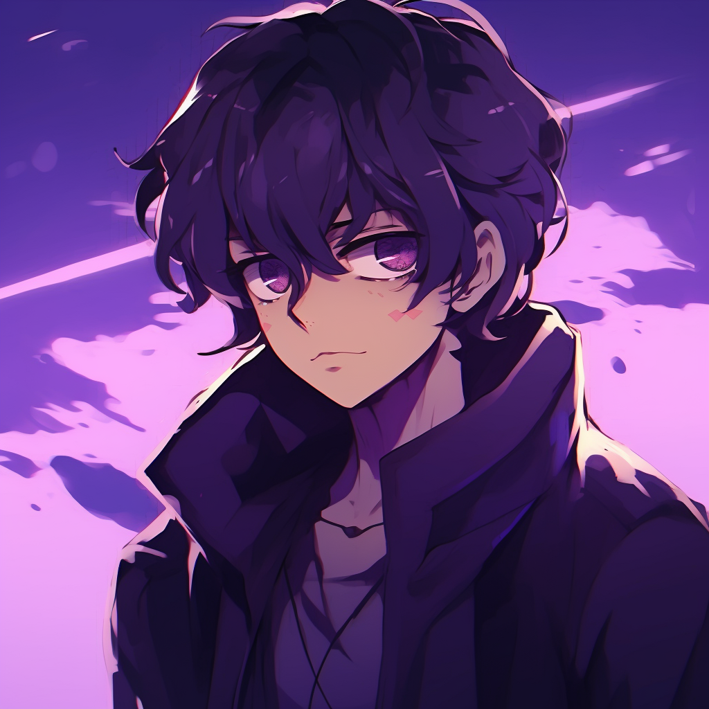 Gothic styled anime boy with bright purple hair, displaying a captivating melancholic expression. adorable purple anime pfp pfp for discord.