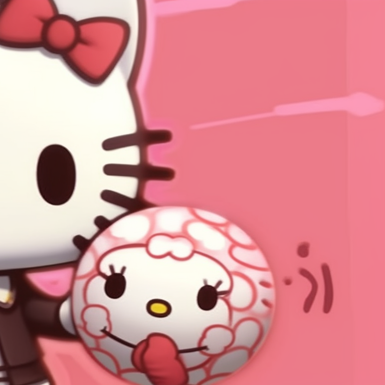 Two Hello Kitty characters, bright colors and playful poses, interacting with a ball. matching hello kitty pfp for partners pfp for discord.