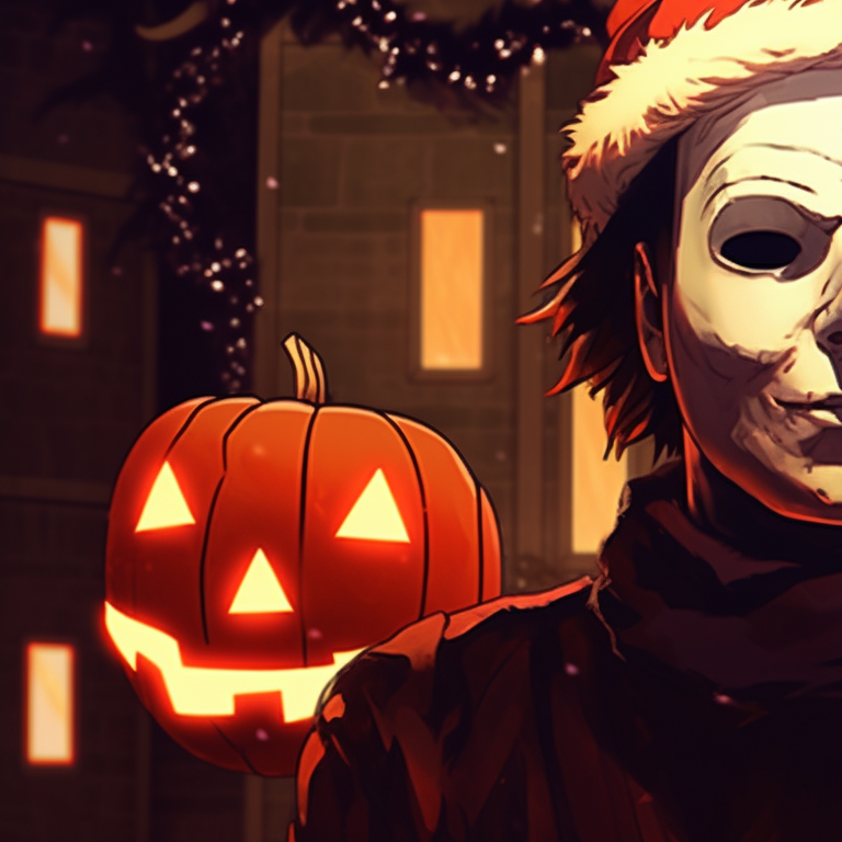 Michael Myers characters, adorned with festive accessories, intense expressions and stand side by side. celebrate christmas with michael myers pfp pfp for discord.