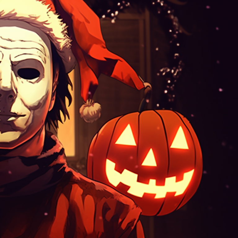 Michael Myers characters, adorned with festive accessories, intense expressions and stand side by side. celebrate christmas with michael myers pfp pfp for discord.