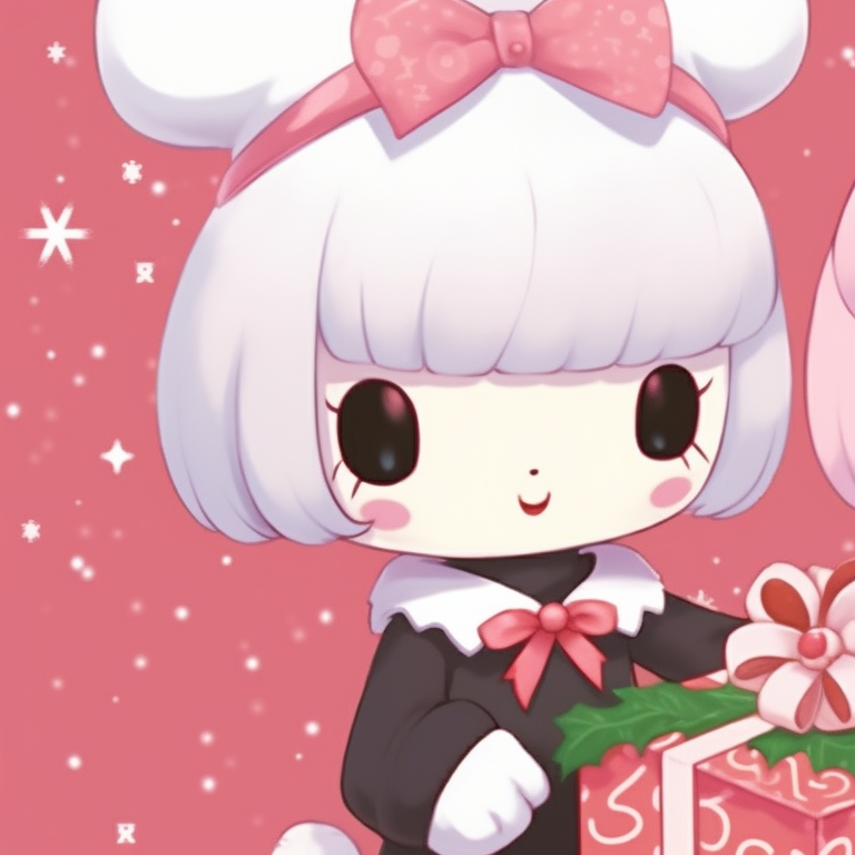 My Melody characters in festive attire, snowy backdrop, walking side-by-side. unique matching my melody pfp for christmas pfp for discord.