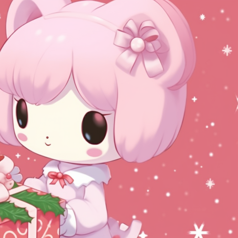 My Melody characters in festive attire, snowy backdrop, walking side-by-side. unique matching my melody pfp for christmas pfp for discord.