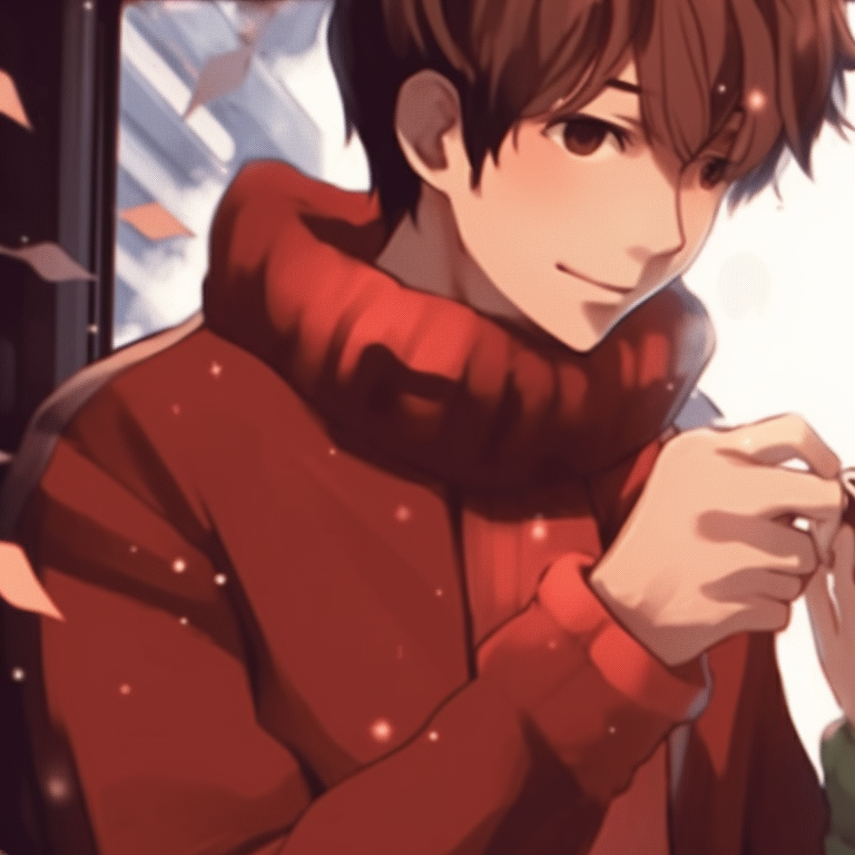 Two characters in festive outfits, expressive poses and playful expressions, decorating a Christmas tree together. cozy matching gif christmas pfp pfp for discord.