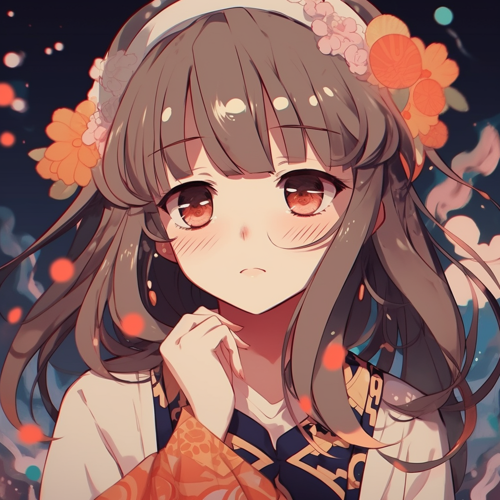 Anime girl wearing a beautifully detailed kimono with traditional patterns and vibrant colors. cute aesthetic anime girl pfp pfp for discord.