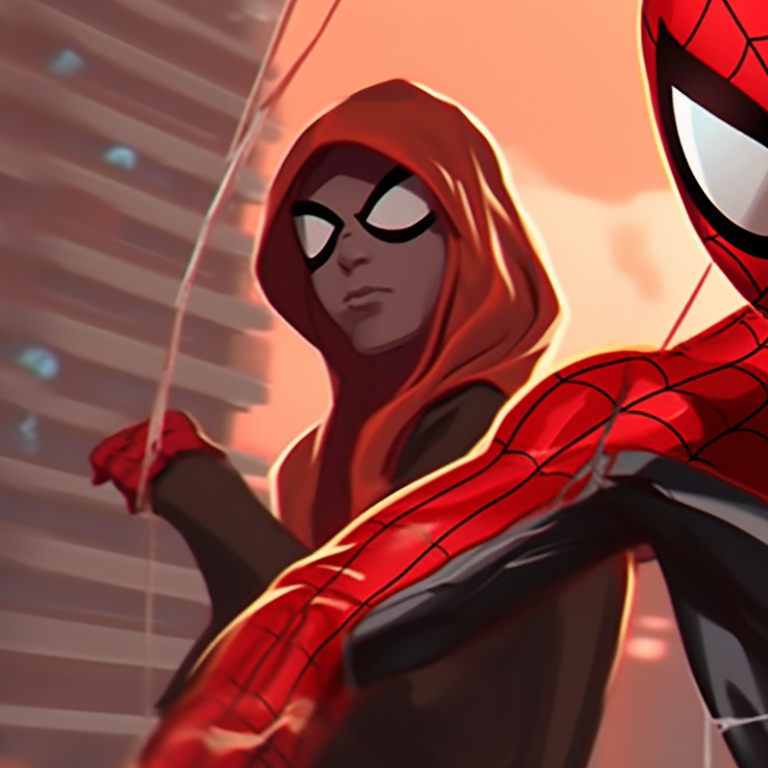 Spiderman and Gwen, interlocking gazes with comic style exaggeration, vivid city background. spiderman and gwen matching pfp pfp for discord.