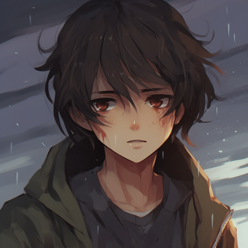 Reflective anime boy, subtle backdrop and character-centric composition. sad pfp anime boy characters