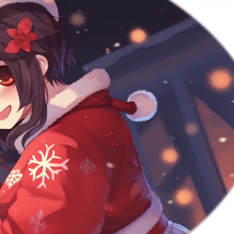 Two characters under a mistletoe, blushing faces and warm, intimate atmosphere. ideal couples matching christmas pfp pfp for discord.