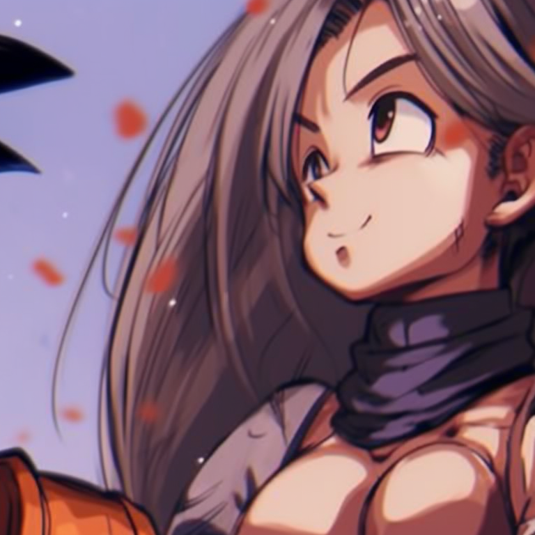 Goku and Chichi in peaceful landscape, soft lighting and minimalistic design. goku and chichi matching outfits pfp for discord.