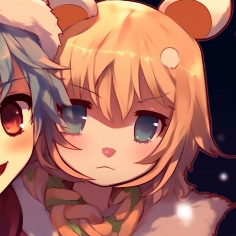 Two catboy characters huddled together, strong use of warm colors and holiday motifs. catboy inspired matching christmas pfp pfp for discord.