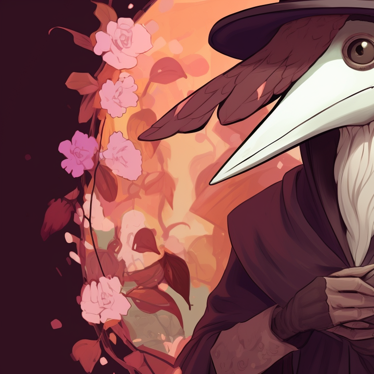 Two plague doctors exchanging gifts, lush, warm colors and detailed patterns on the wrapping. matching plague doctor pfp festive season pfp for discord.