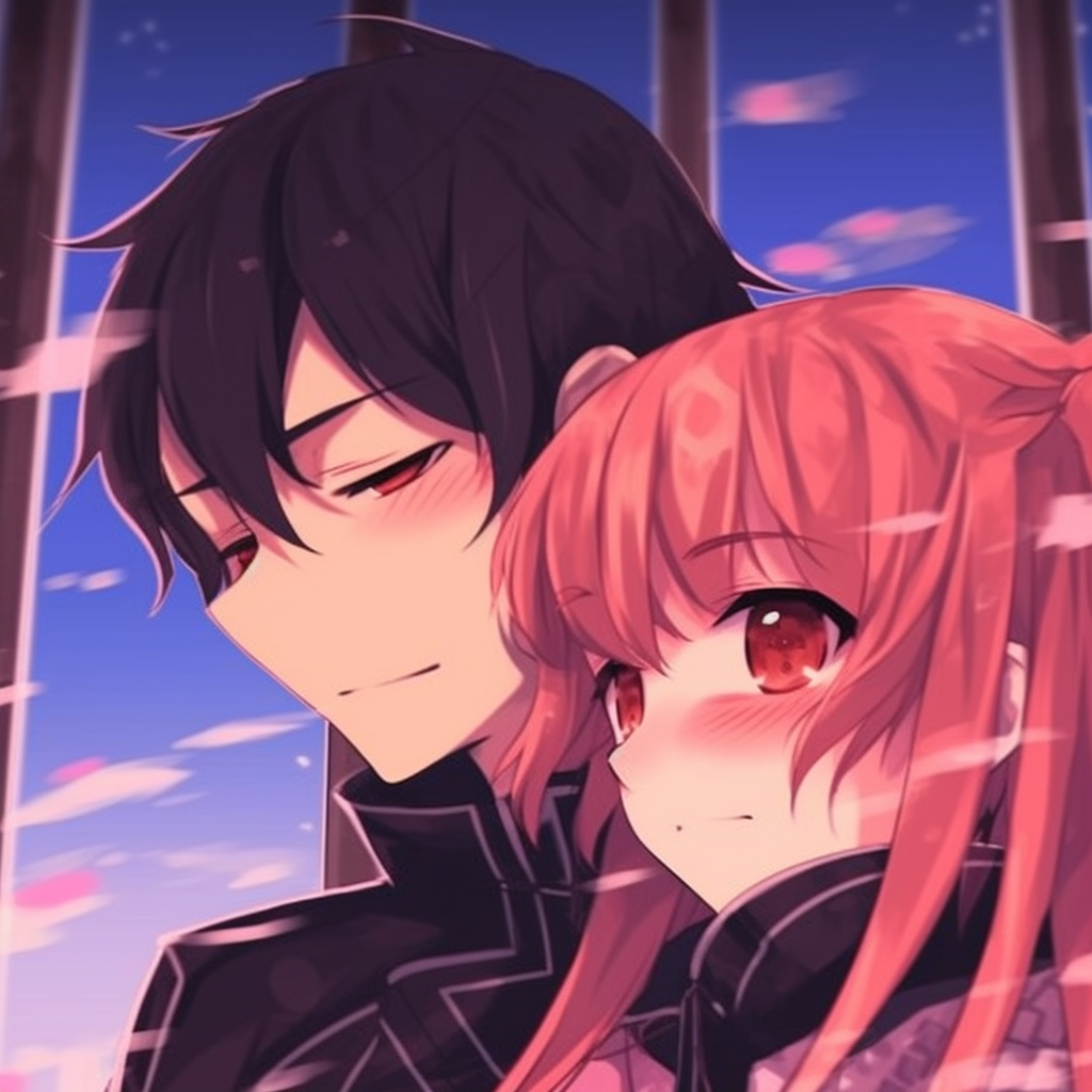 Asuna and Kirito in a romantic couple pose, bold lines and dynamic composition. artistic anime matching pfp couples