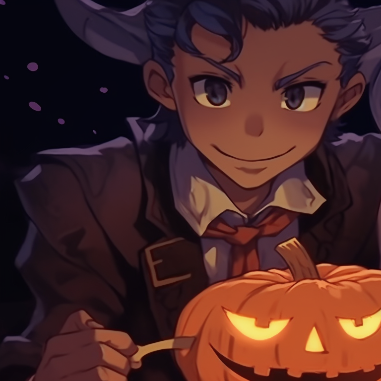 Two characters in a pumpkin patch, earthy tones and soft shadows. thanksgiving style halloween matching pfp for duo pfp for discord.