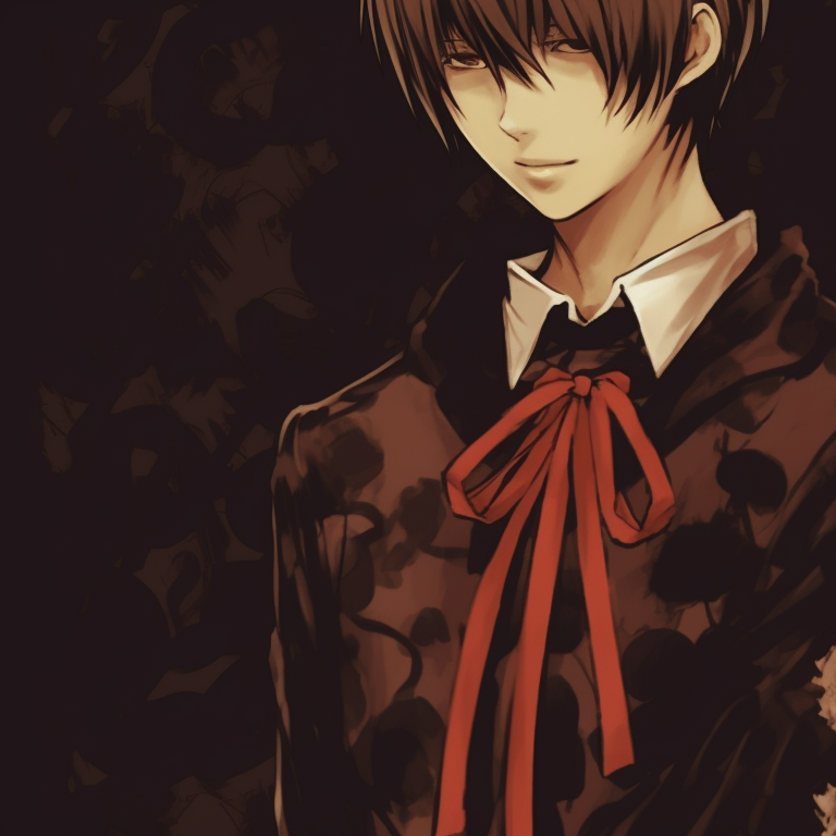 Misa Amane and Light Yagami in synchronized horrifying outfits, muted color palette enhancing the horror. misa amane matching spooky outfits pfp for discord.