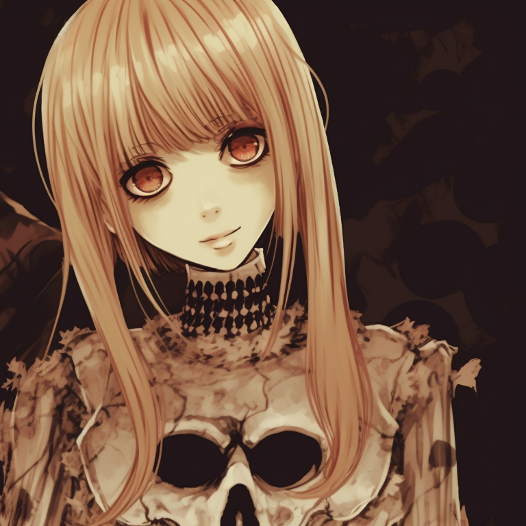 Misa Amane and Light Yagami in synchronized horrifying outfits, muted color palette enhancing the horror. misa amane matching spooky outfits pfp for discord.
