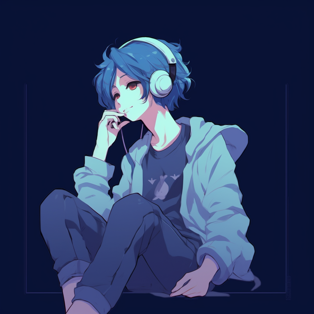 Chill anime character with pastel blue tones and minimalist style. color-themed chill anime pfp