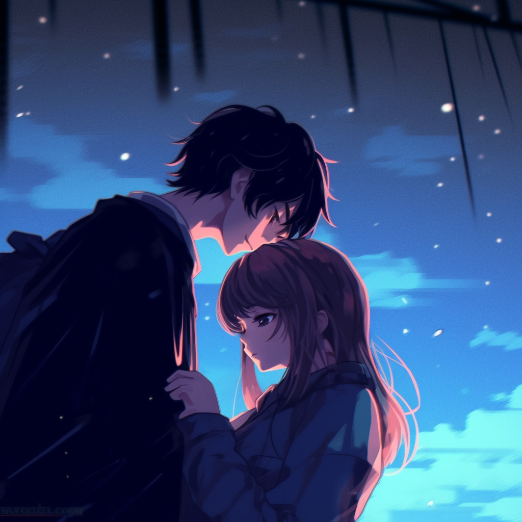 Anime couple stargazing, twinkling stars and detailed expressions. adorable anime couple pfp