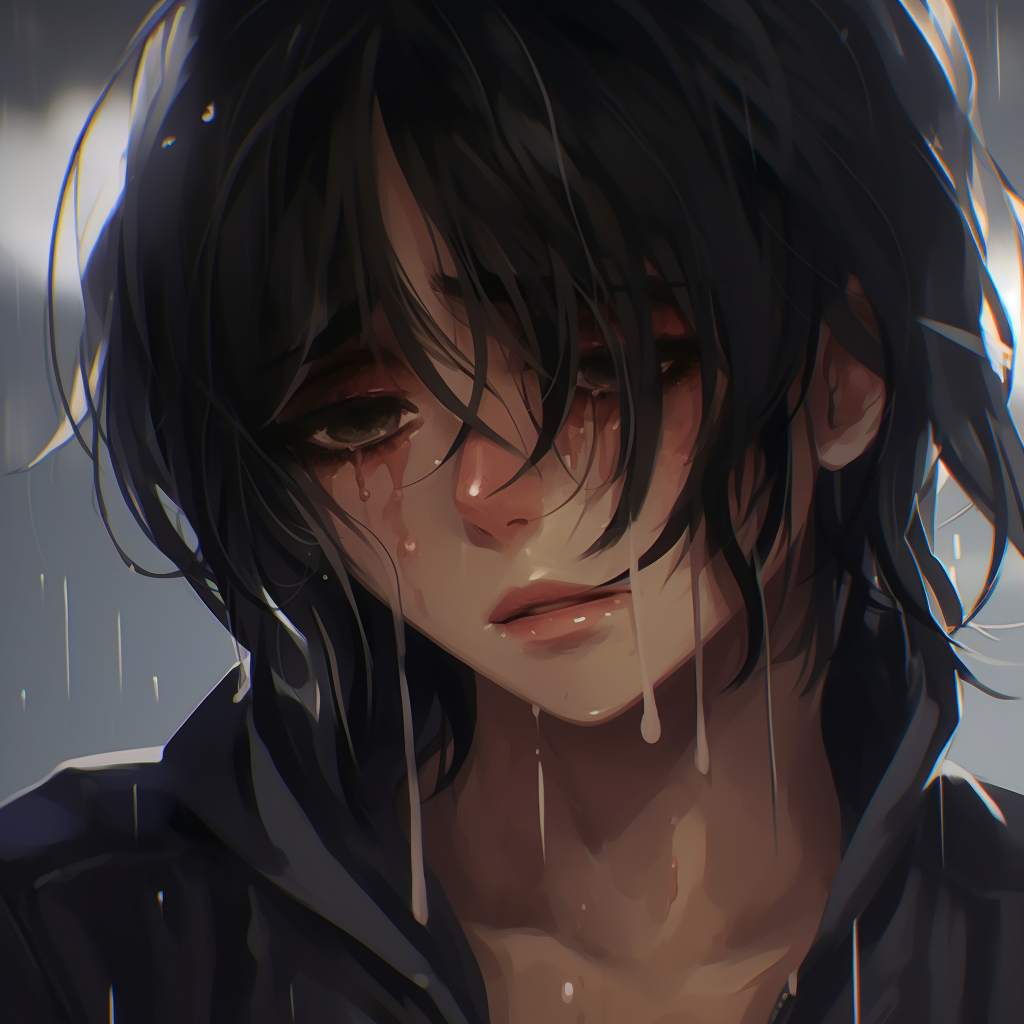 A portrait of an tearful anime character, detailing the raw emotion through soft shading and realistic tear drops. animated depressed anime pfp icons