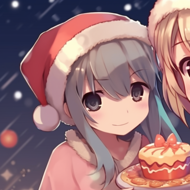 Two anime characters sharing a Christmas cake, bright colors and detailed textures. kawaii matching christmas pfp - anime style pfp for discord.